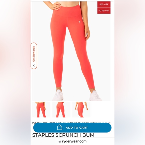 NWT RYDEWEAR STAPLES SCRUNCH BUM LEGGINGS - Coral - Large - Picture 7 of 9